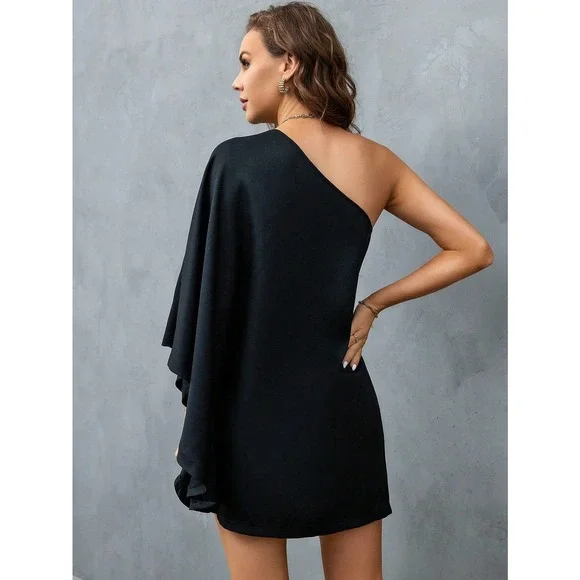 One Shoulder Batwing Sleeve mini Dress black - Picture 2 of 8